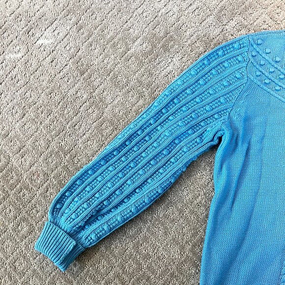 EUC Loft Blue Cable Chunky Bobble Sweater With Lantern Sleeves, Size Medium - Picture 7 of 13